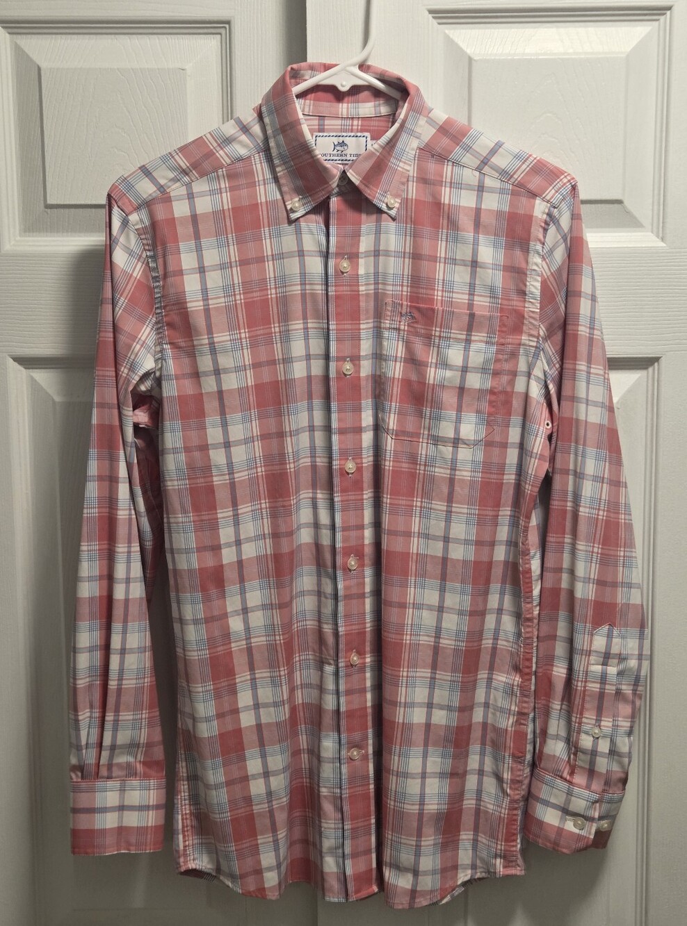 Southern Tide Intercoastal Coral and Light Blue Plaid Button-Down Shirt Size XS